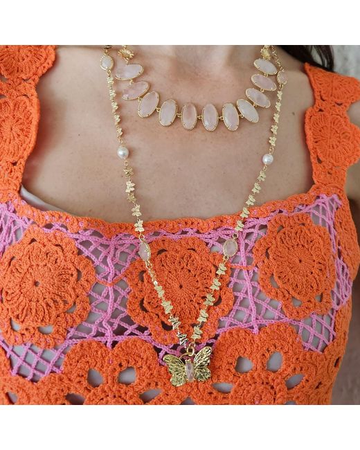 Farra Metallic Butterfly Pendant With Rose Quartz Stones Long Necklace