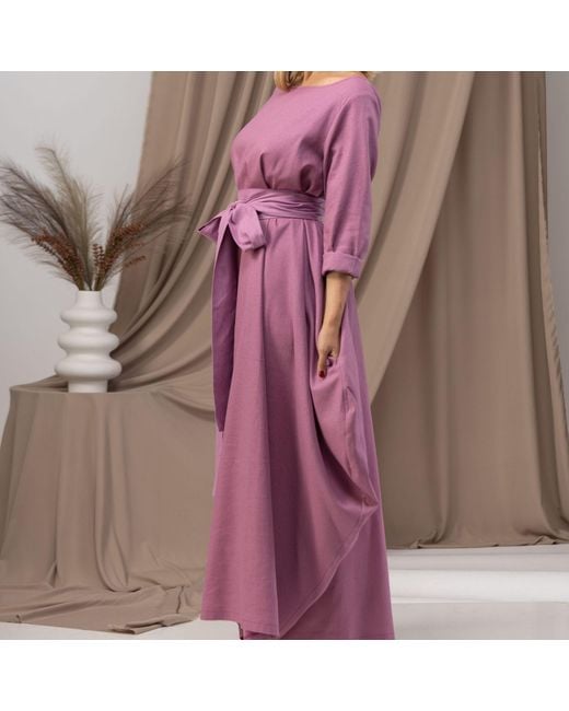 Nikka Place Pink Oversized Linen Maxi Dress With Belt And Bracelet Sleeves