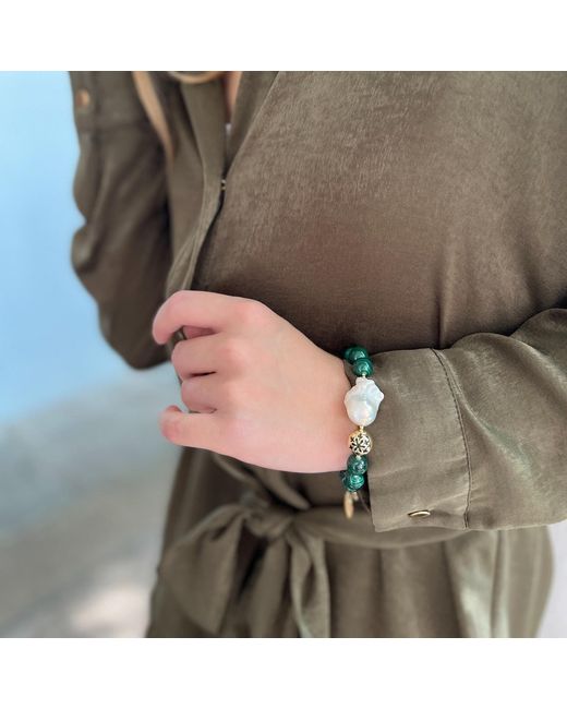 Farra Green Christmas Malachite With Baroque Pearl Adjustable Bracelet