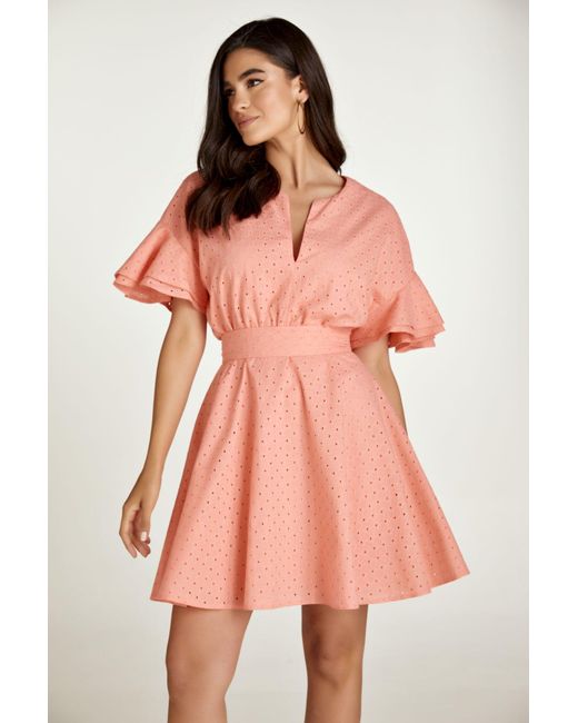 Conquista Pink Coral Embroidered Dress With Ruffle Sleeves