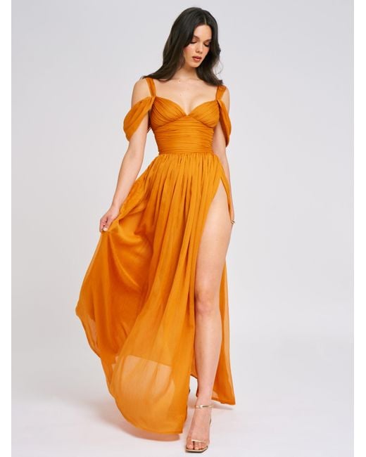 Miss Circle New York Orange Jelani Layered Mesh High-Slit Drape Maxi Dress