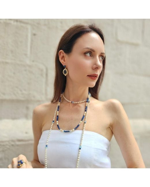 Farra Blue Lapis With Freshwater Pearls Matinee Length Necklace