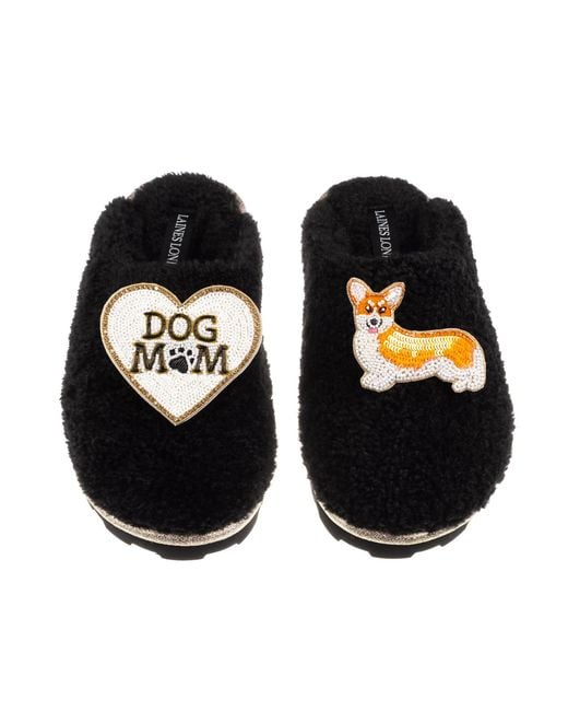 Laines London Black Teddy Closed Toe Slippers With Dog Mum/Mom & Peach The Corgi Brooches