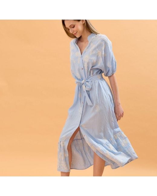 LAtelier London Blue Embroidered Shirt Midi Dress