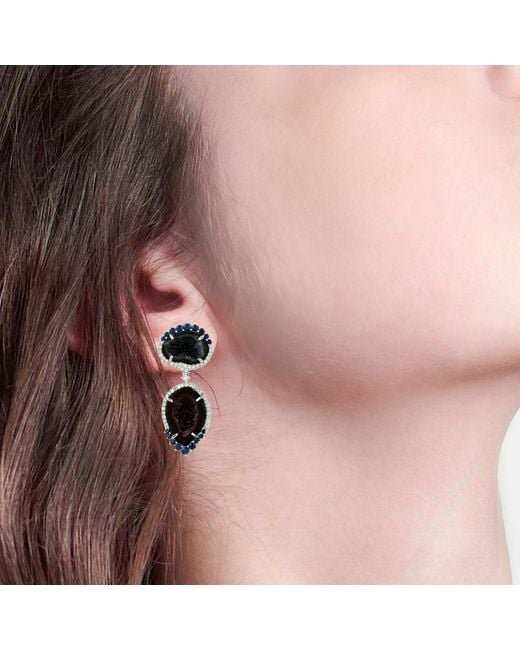 Artisan Black Gemstone Dangle Earrings Prong Set Geode Diamond 18k White Gold