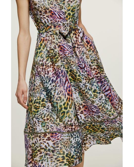 Conquista Green Animal Print Sleeveless Dress With Belt