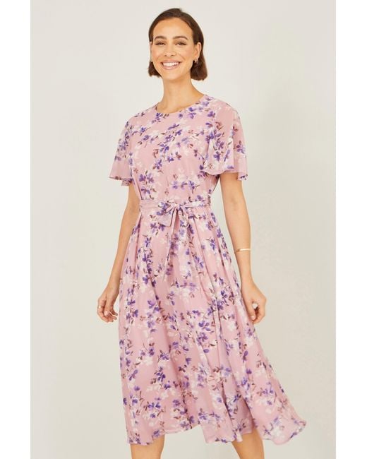 Yumi' Pink Blossom Skater Midi Dress With Angel Sleeves