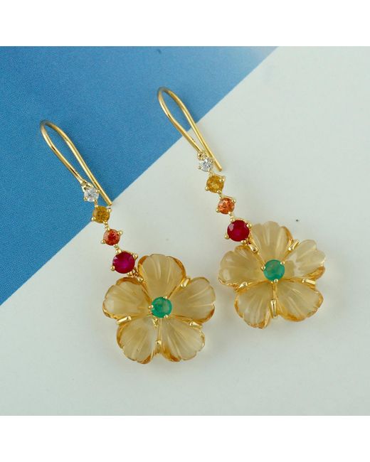 Artisan Metallic 18k Yellow Gold Carving Citrine Ruby Emerald Sapphire Flower Dangle Earrings