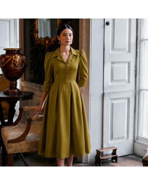 NUMBAT Green Constance Cotton Coat Collar Midi Dress –