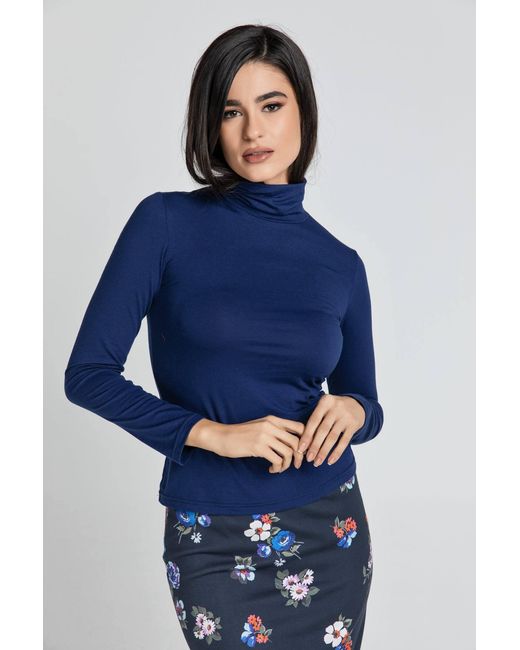 Conquista Blue Dark Turtle Neck Top By