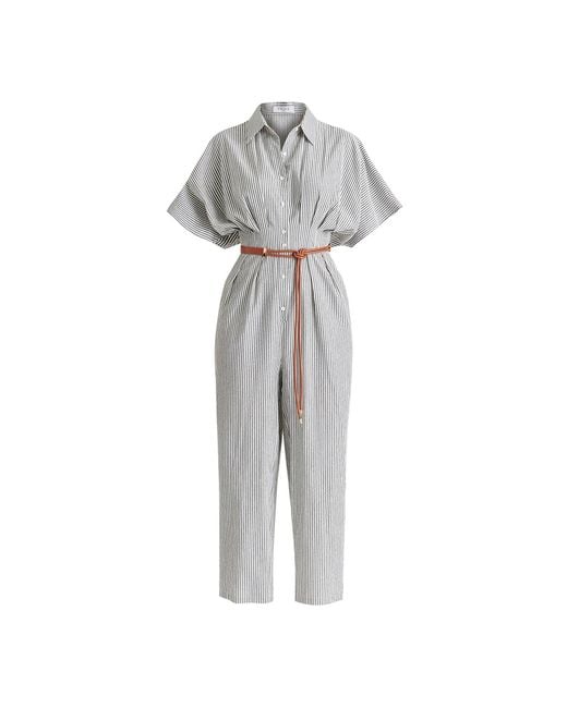 Paisie Gray Striped Jumpsuit With Waist Pleats