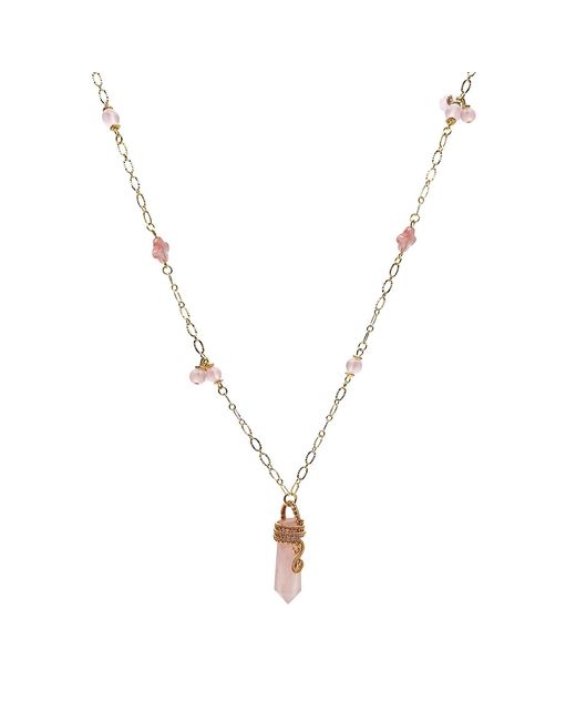 Farra Metallic Wire-Wrapped Rose Quartz Pendant With Watermelon Flower Long Necklace