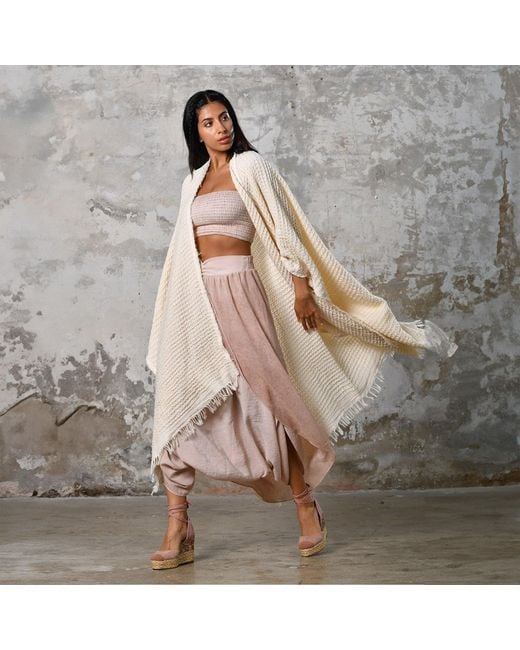 Zhenabia White Neutrals Waffle Poncho