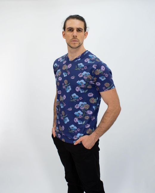 Lords of Harlech Blue Maze Spaced Floral V-Neck Tee for men