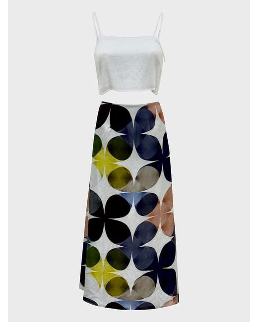 Why Mary Blue Linen Viscose Midi A-Line Printed Skirt