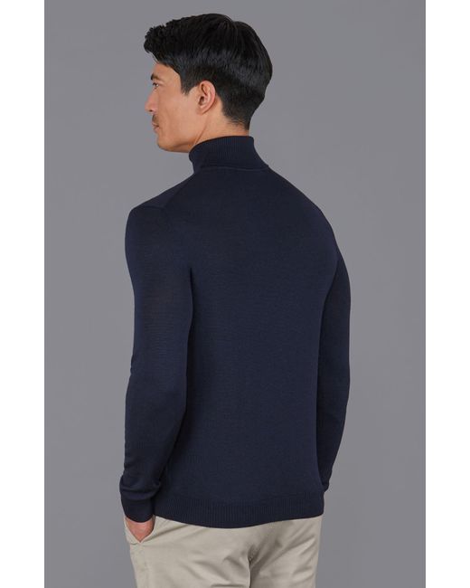 Paul James Knitwear Blue Extra Fine Merino Wool Weston Roll Neck Jumper for men