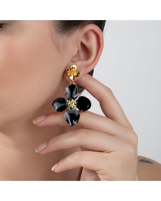 Milou Jewelry Black Clover Flower Drop Earrings