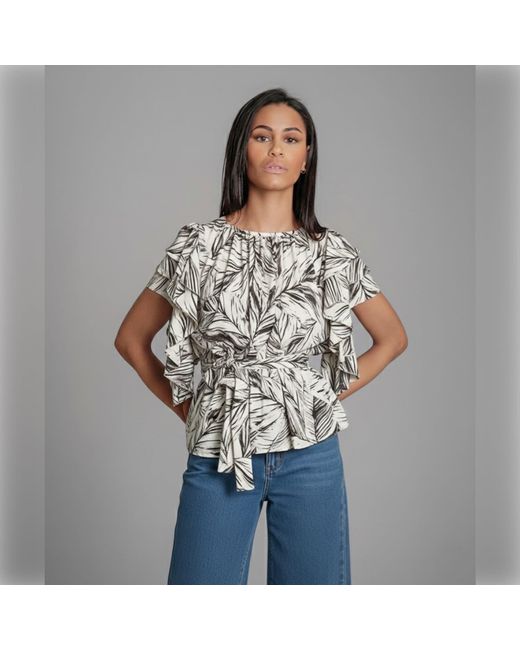 Imaatu Gray Neutrals Butterfly Blouse Palms Butter Sustainable Viscose One Size Ruffle Sleeves Tropical Print