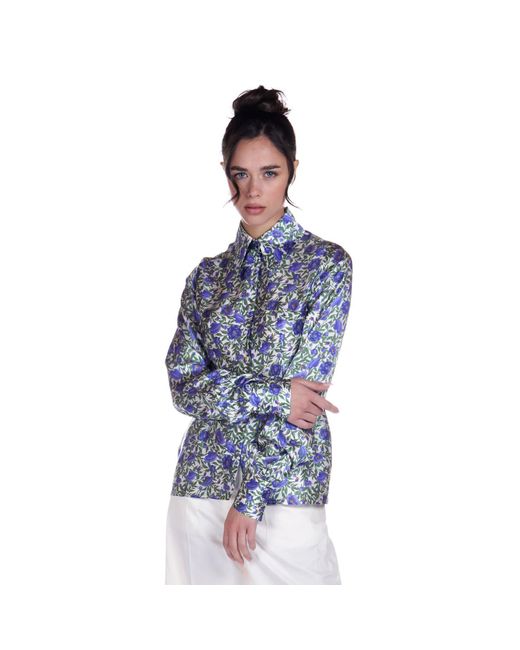 Sofia Tsereteli Blue Silk Shirt In Purple Botanica Print