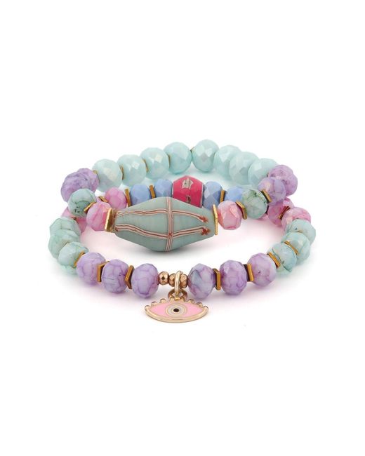 Ebru Jewelry Multicolor Pastel Colors Beaded Evil Eye Pendant Spring Bracelet Set