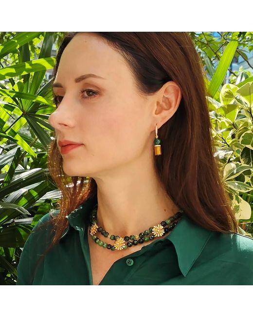 Farra Green Golden Coral With Malachite Dangle Earrings
