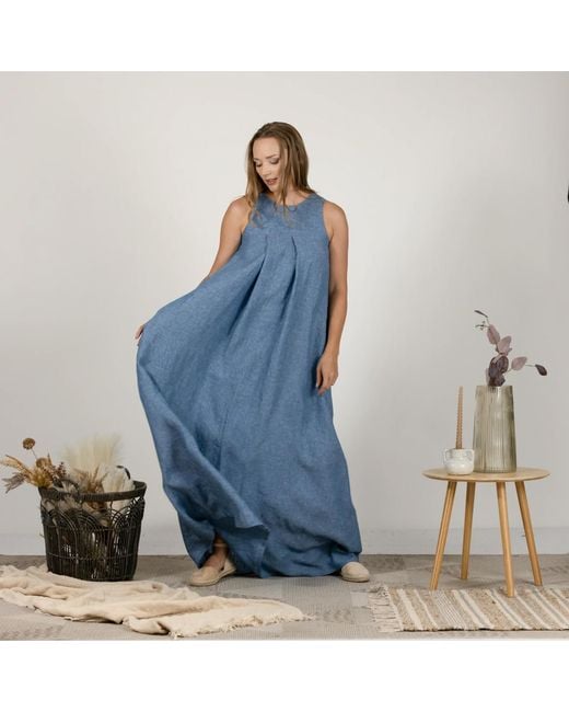Nikka Place Blue Gathered Linen Maternity A-Line Dress