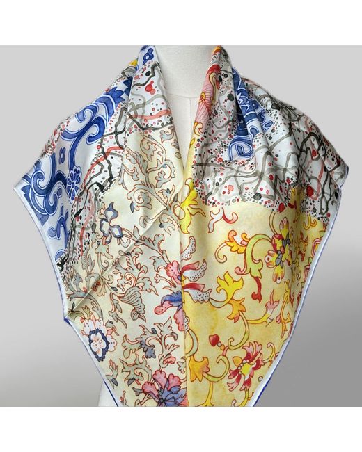 Wenzi Blue Tapestry Of Time Hand Painted Mulberry Silk Square Scarf