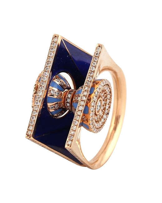 Artisan Blue 18k Rose Gold With Natural Diamond Pave Asymmetric Enamel Ring