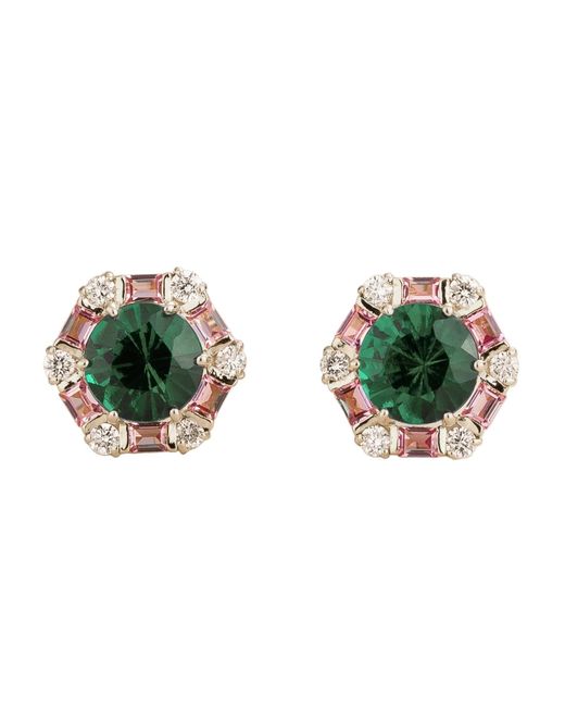 Juvetti Green Melba Emerald, Sapphire & Diamond Halo Hexagon Stud Earrings
