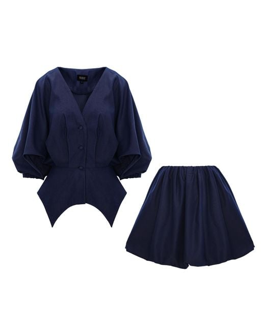 BLUZAT Blue Denim Asymmetrical Two-Piece Set With Bubble Skirt