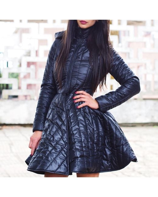 Adrenaline Fashion Blue Short Puffer Coat Quilted Winter Jacket With Hood And Belt Flared Elegant Outerwear