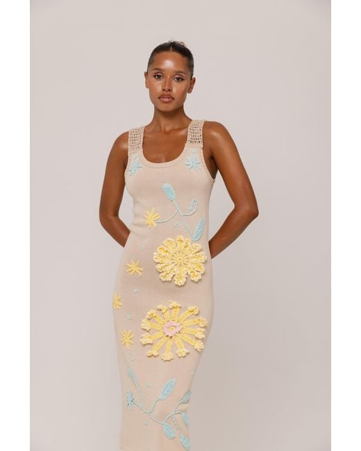 Andreeva Metallic Neutrals Butter Daisy Knit Dress With Handmade Embroidery