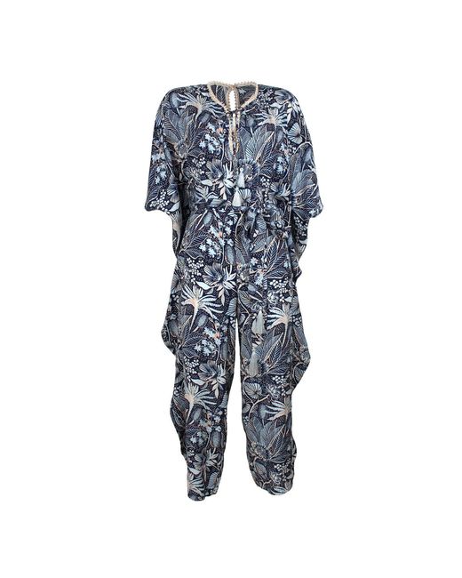 Lalipop Design Blue Floral Print Jumpsuit With Fluttering Cape Sleeves