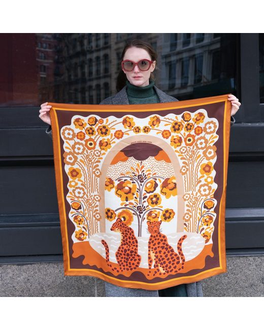 Jessie Zhao New York Brown Double Sided Silk Scarf Of Leopards With Floral Fountain
