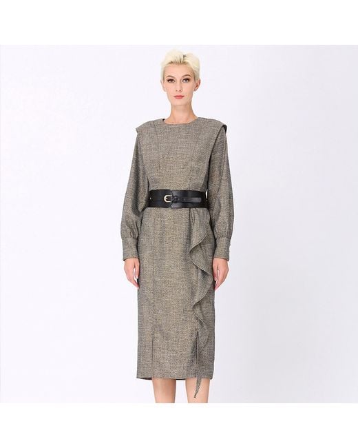 Smart and Joy Gray Tailor Dress With Wide Shoulder And Vertical Ruffle