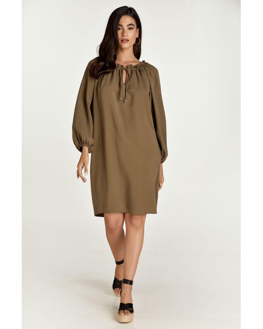 Conquista Gray Belted Olive Colour Dress With Pockets