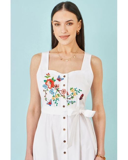 Yumi' White Cotton Midi Dress With Embroidery