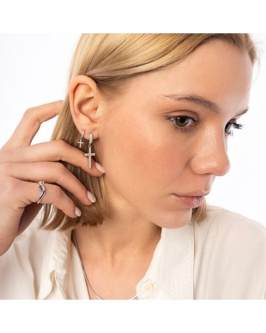 Spero London Metallic Full Pave Cross Sterling Drop Hoop Earring