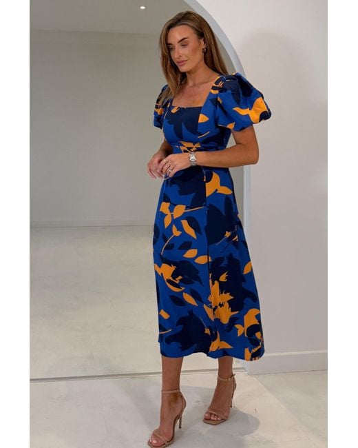 Girl In Mind Blue Shanice Cobalt & Floral Square Neck Midi Dress
