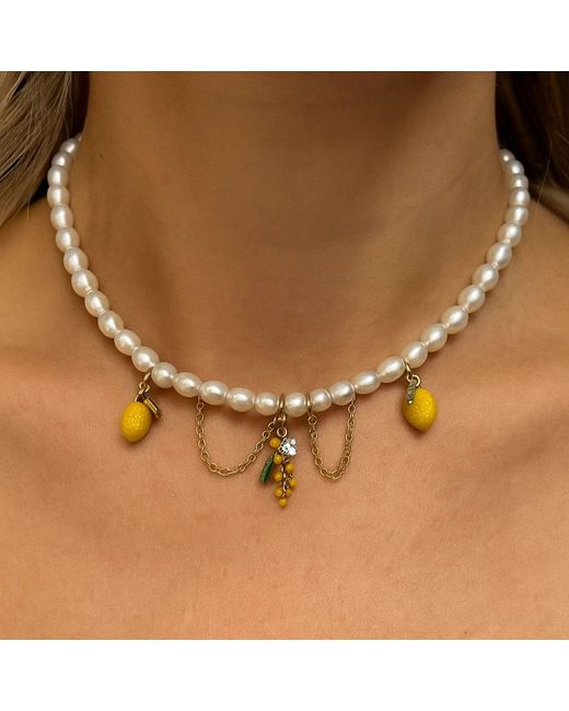My Little Nature Metallic Handmade Pearl Necklace With Lemon And Flower Charms