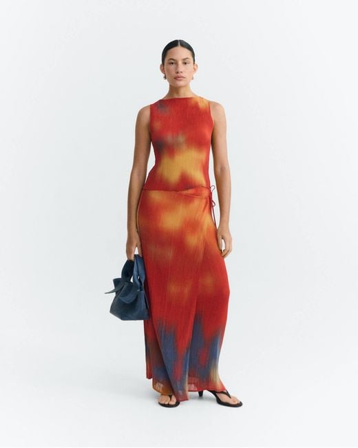 Thinking Mu Red Pleated Long Skirt Flowers Pauline