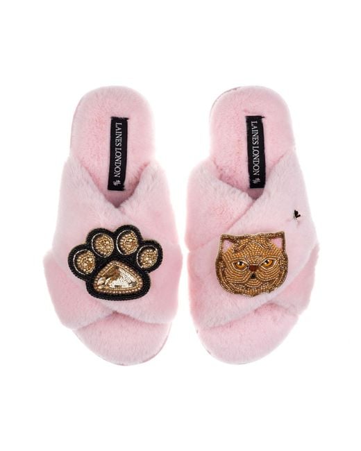 Laines London Pink Classic Laines Slippers With Paw & Ginger Persian Cat Brooches
