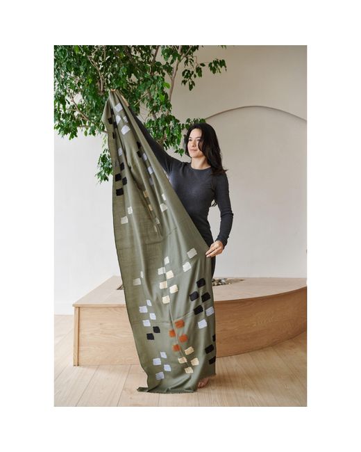 Variously Green Sahara Silk Merino Hand Woven Hand Embroidered Scarf
