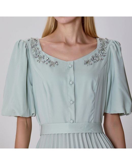 Smart and Joy Green Neutrals Pleats And Embroideries Blouse-Dress