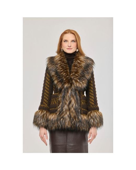 The Extreme Collection Brown Short Knit Coat With Faux Fur Leonore