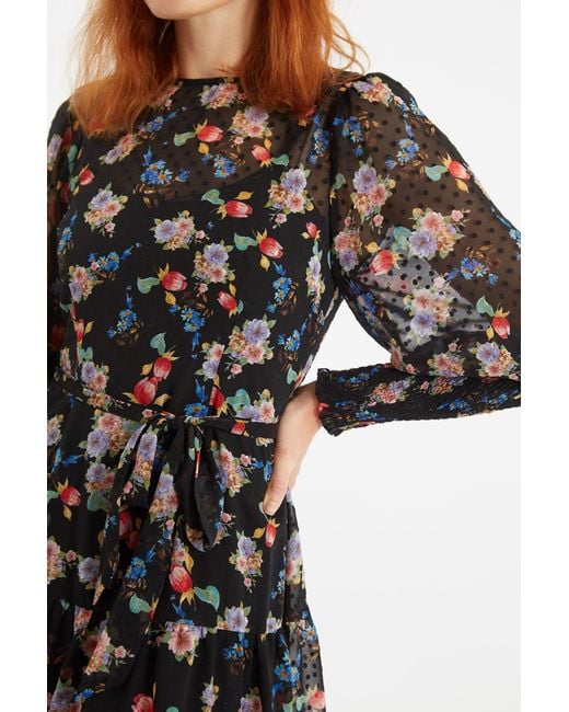 Louche Black Daphne Carpathian Florals Print Shirred Cuff Tie Waist Mini Dress
