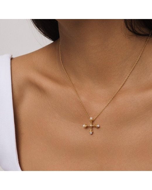 Lulu B London Metallic Small Pearl Cross Necklace With Cubic Zirconia