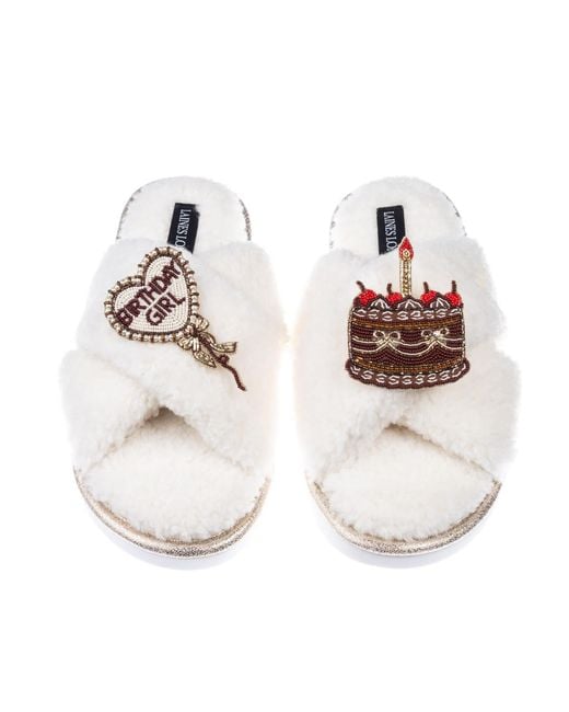 Laines London Metallic Neutrals Neutral Boucle Slippers With Birthday Girl Balloon & Chocolate Cake Brooches