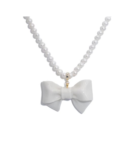 H2 Studio White Bowtie Maniac Large Ceramic Bowtie Round Freshwater Pearl Necklace