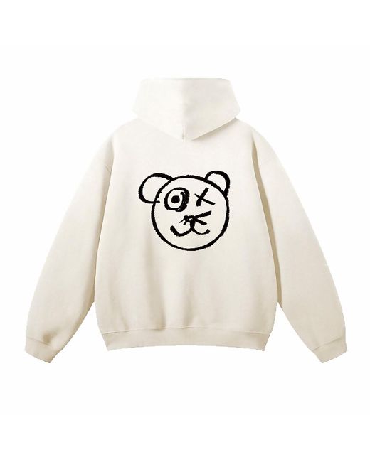 X Ilona Blue White Neutrals Graffiti Teddy Bear Cotton Cream Vintage Wash Hoodie for men